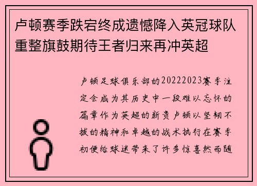 卢顿赛季跌宕终成遗憾降入英冠球队重整旗鼓期待王者归来再冲英超